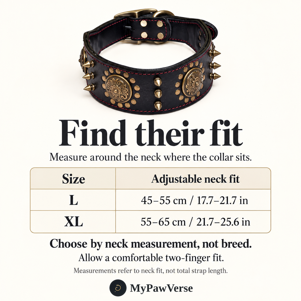 PawHeritage neck fit guide: L 45–55 cm, XL 55–65 cm