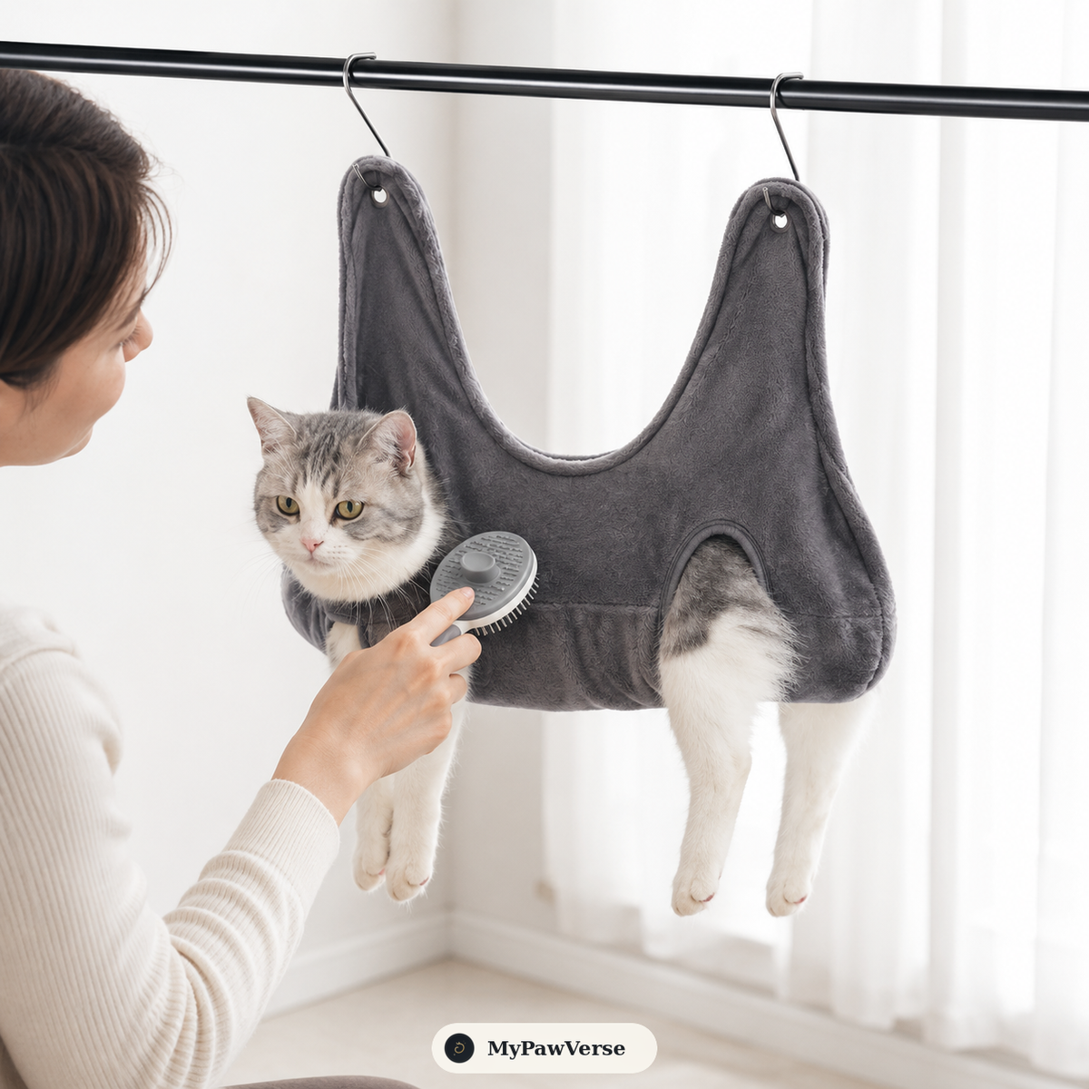 Cat supported in the grey PawHold hammock during brushing