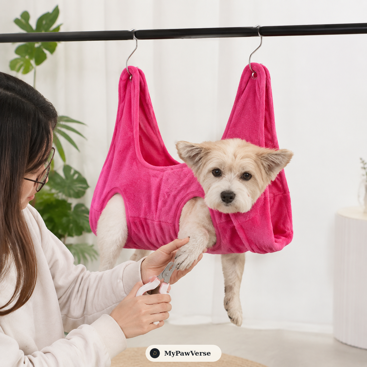 Small dog supported in the pink PawHold hammock during nail care