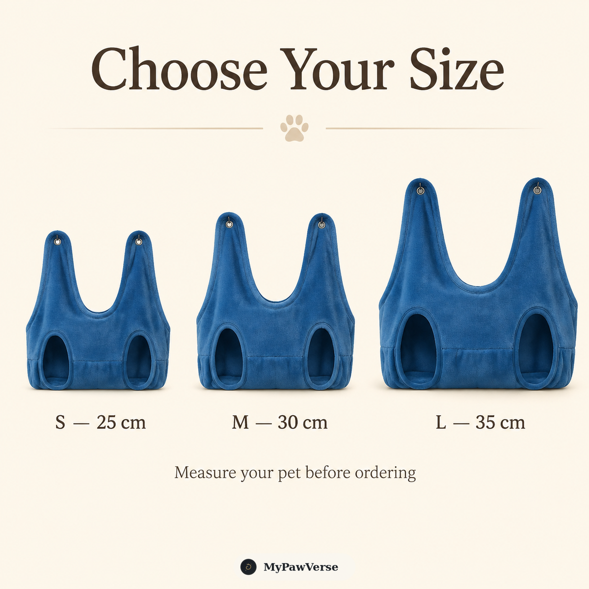 PawHold size guide S 25 cm M 30 cm L 35 cm