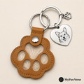 Khaki caramel-brown PawKeepsake with neat stitching, pet fur holder and engraved heart photo tag