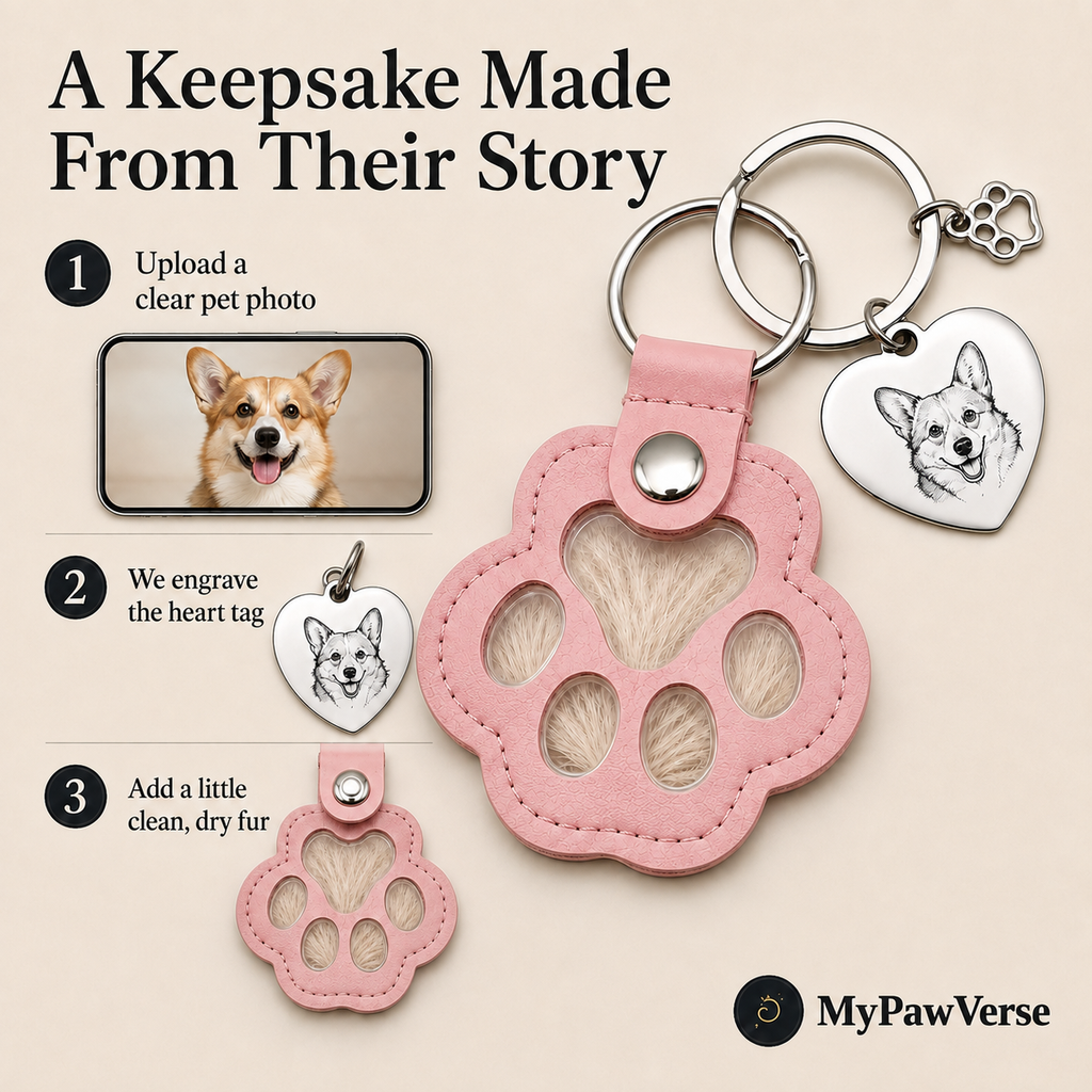 Pink PawKeepsake guide: upload a pet photo, personalize the heart tag and add fur at home