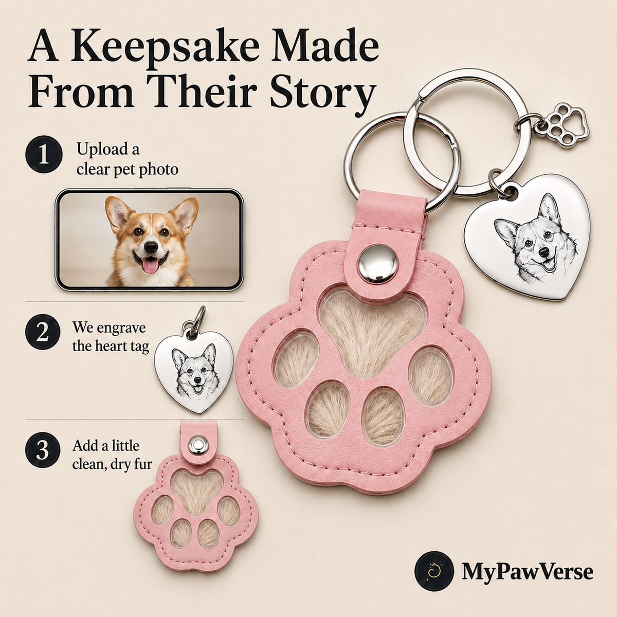 Pink PawKeepsake guide: upload a pet photo, personalize the heart tag and add fur at home