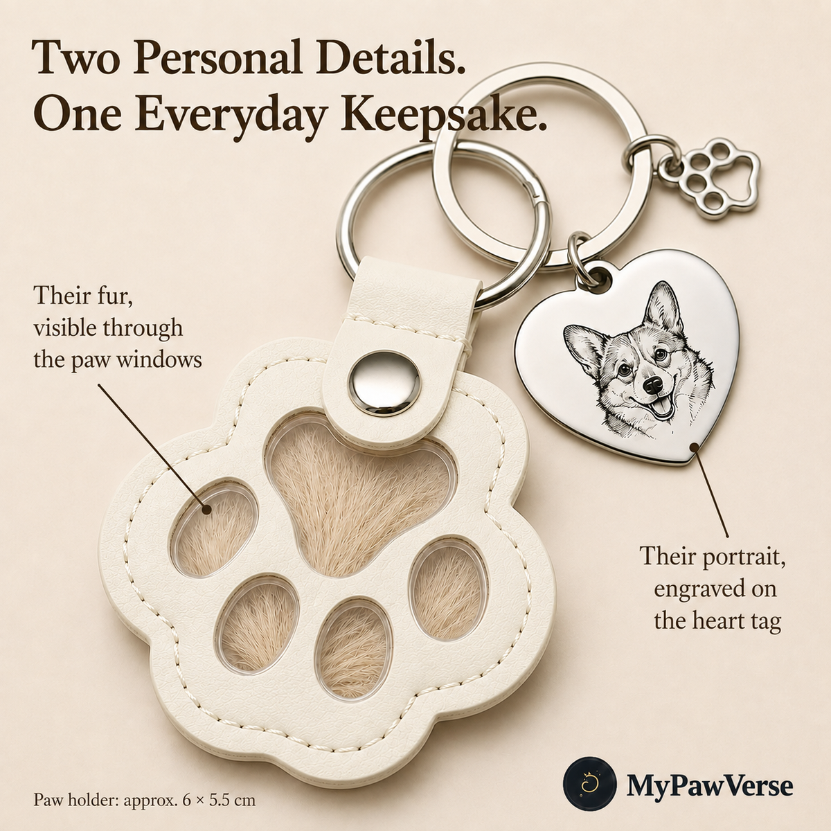 White PawKeepsake close-up showing pet fur windows and engraved heart portrait