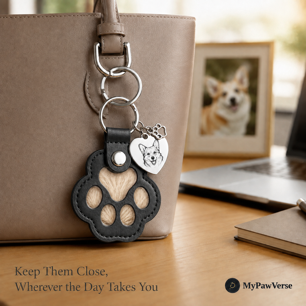 Black PawKeepsake attached securely to a work tote