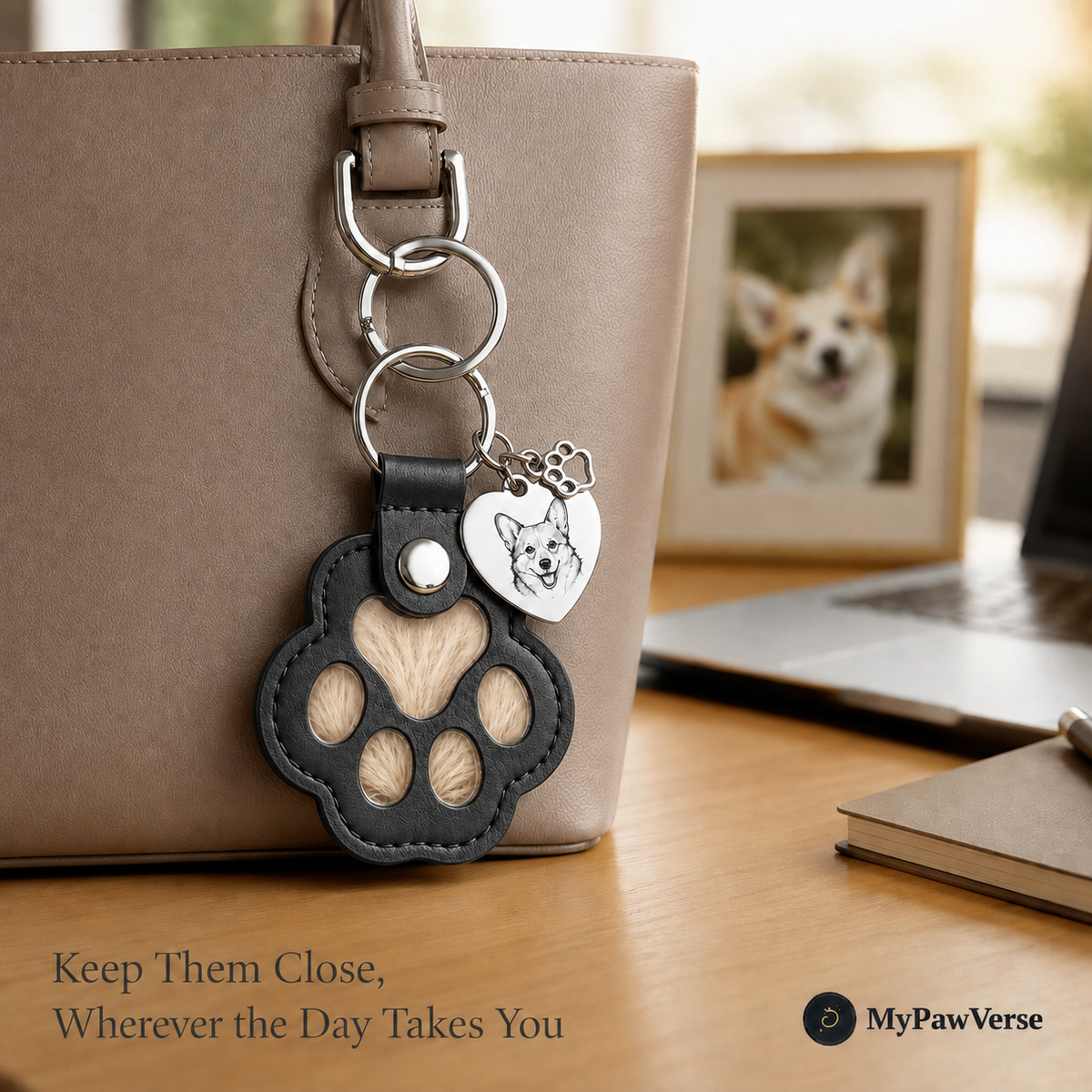 Black PawKeepsake attached securely to a work tote