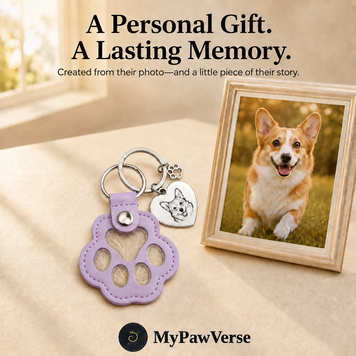 Purple PawKeepsake with neat continuous stitching beside a framed pet portrait for gifting and memories