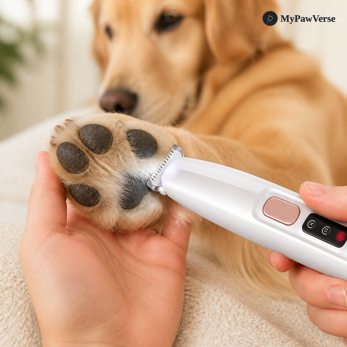 Golden Retriever paw receiving a gentle PawLume fur touch-up