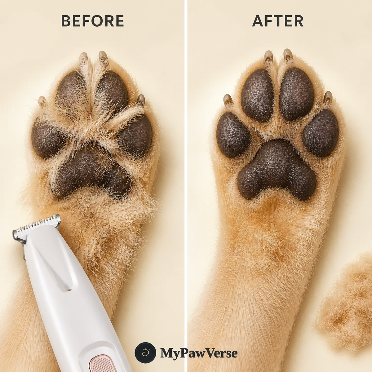 Before and after view of trimmed dog paw-pad fur