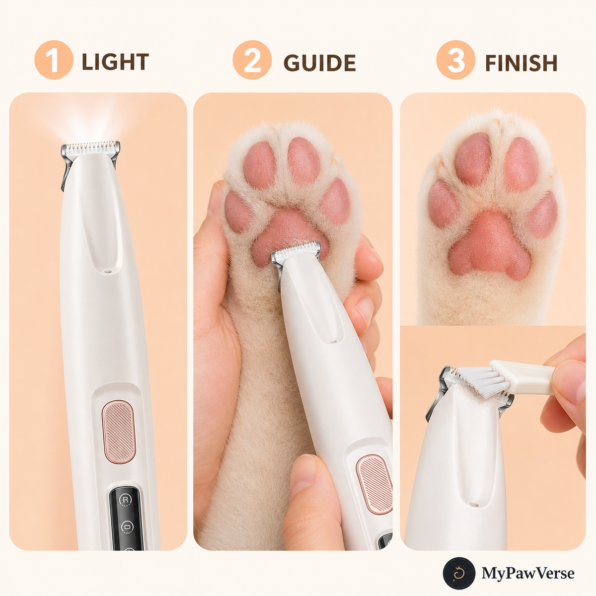 Three-step PawLume paw-pad trimming and cleaning guide