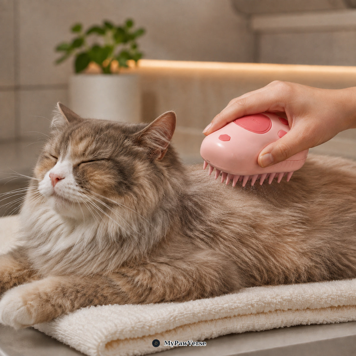 Relaxed cat receiving gentle fine-mist grooming with the Powder PawMist comb