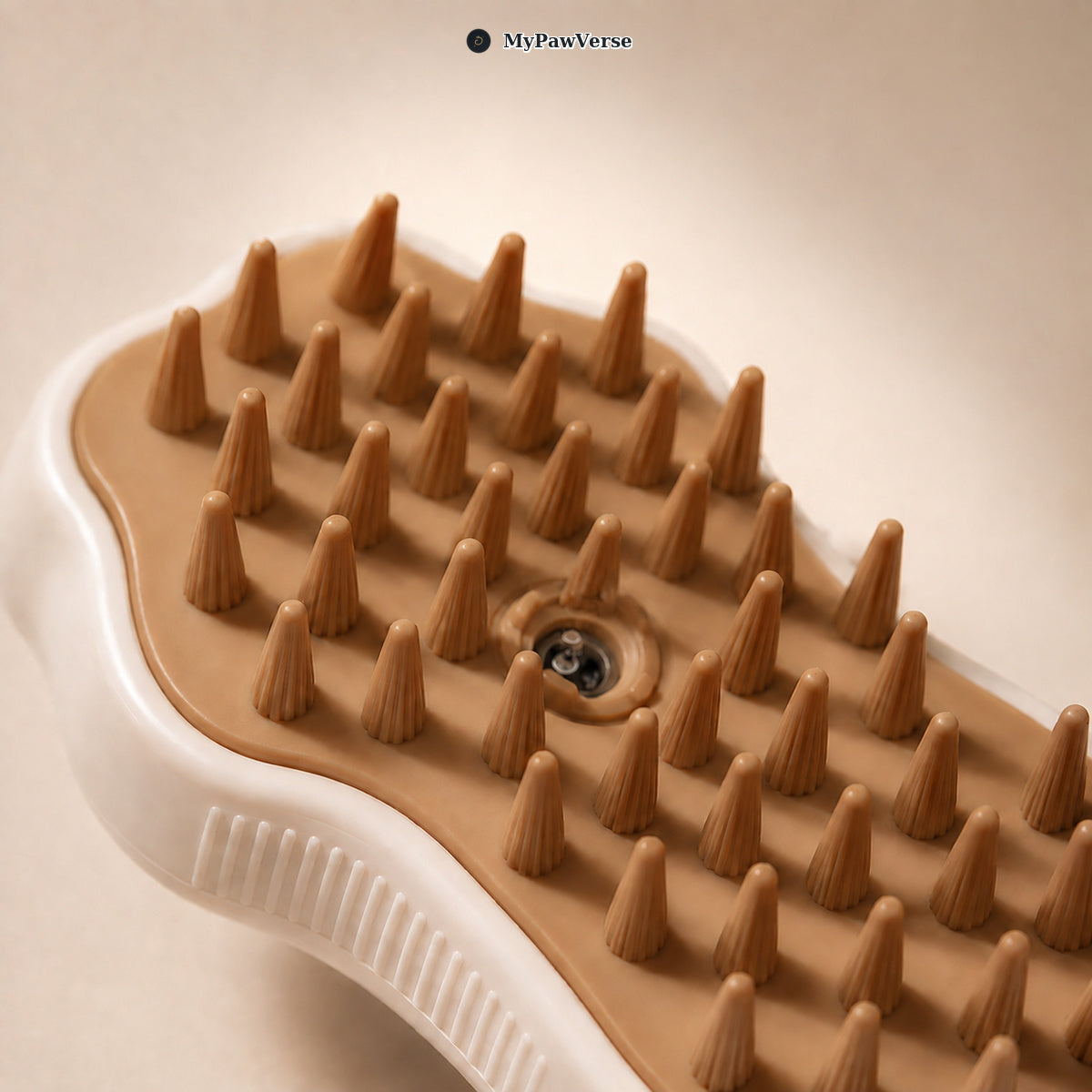 Close-up of the PawMist nozzle and soft rounded TPR massage teeth