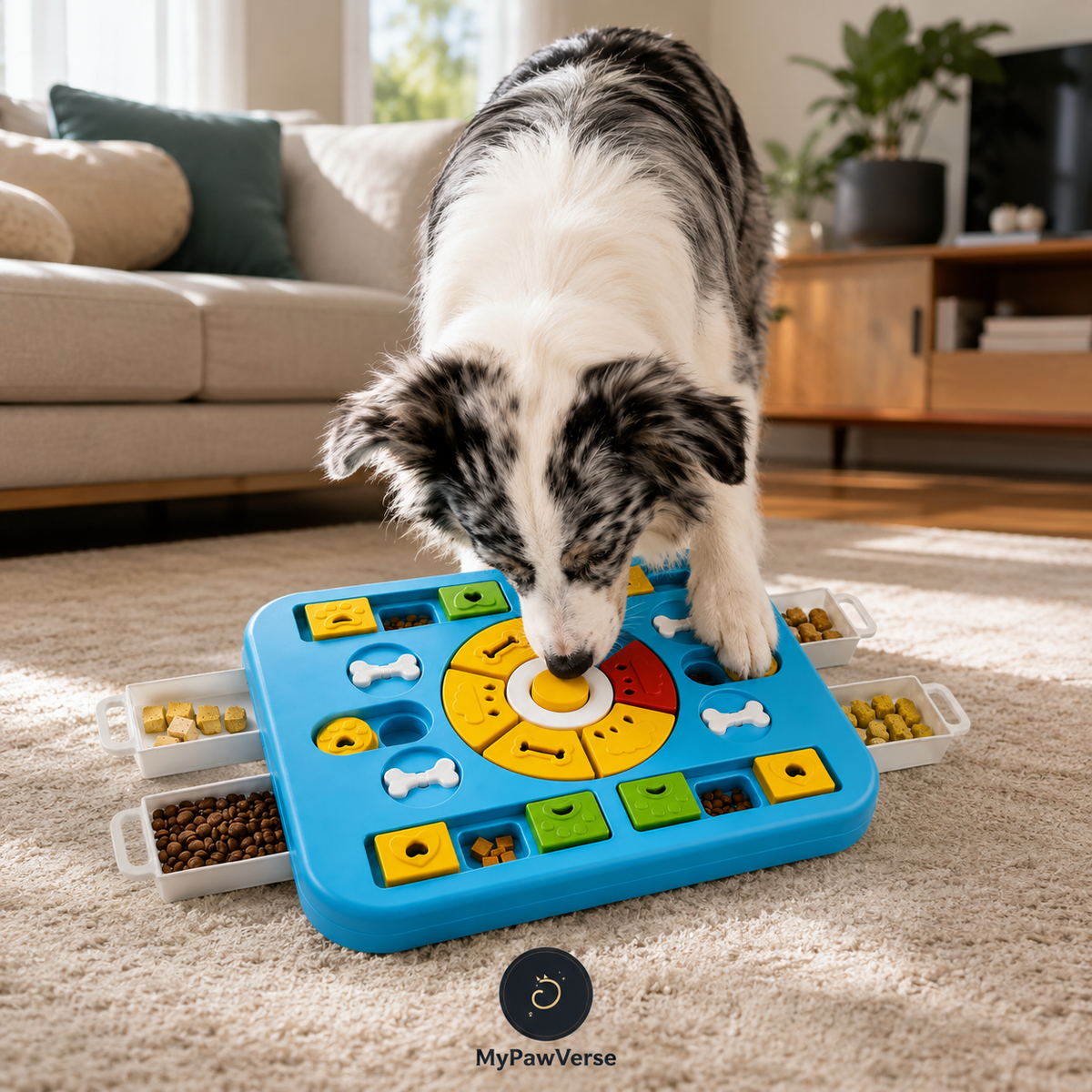 Dog using the Blue PawPuzzle treat-dispensing puzzle toy