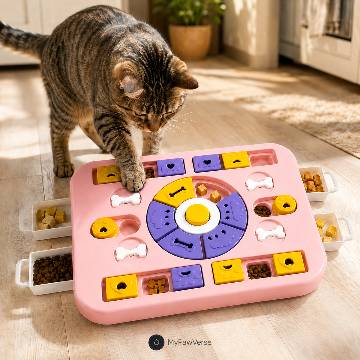 Cat using the Pink PawPuzzle treat-dispensing puzzle toy