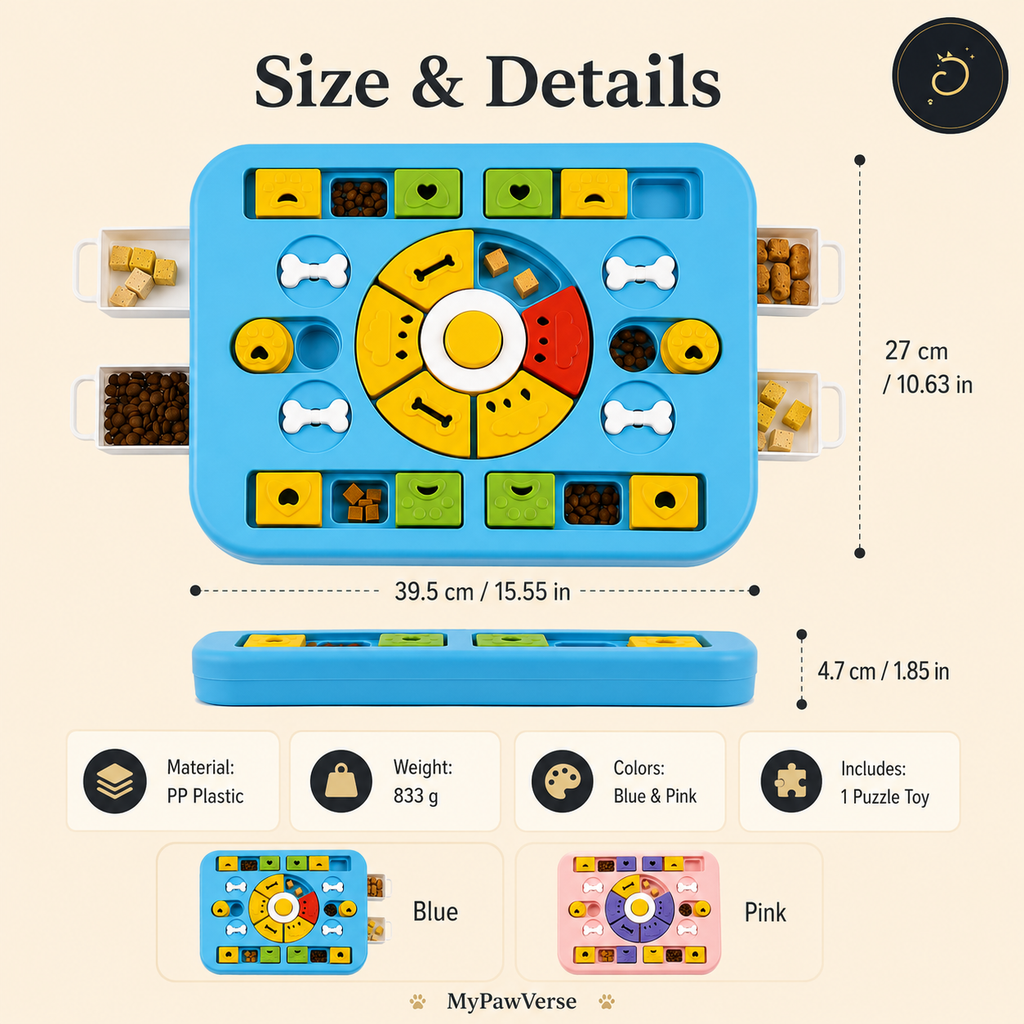 PawPuzzle dimensions materials weight and Blue Pink colors