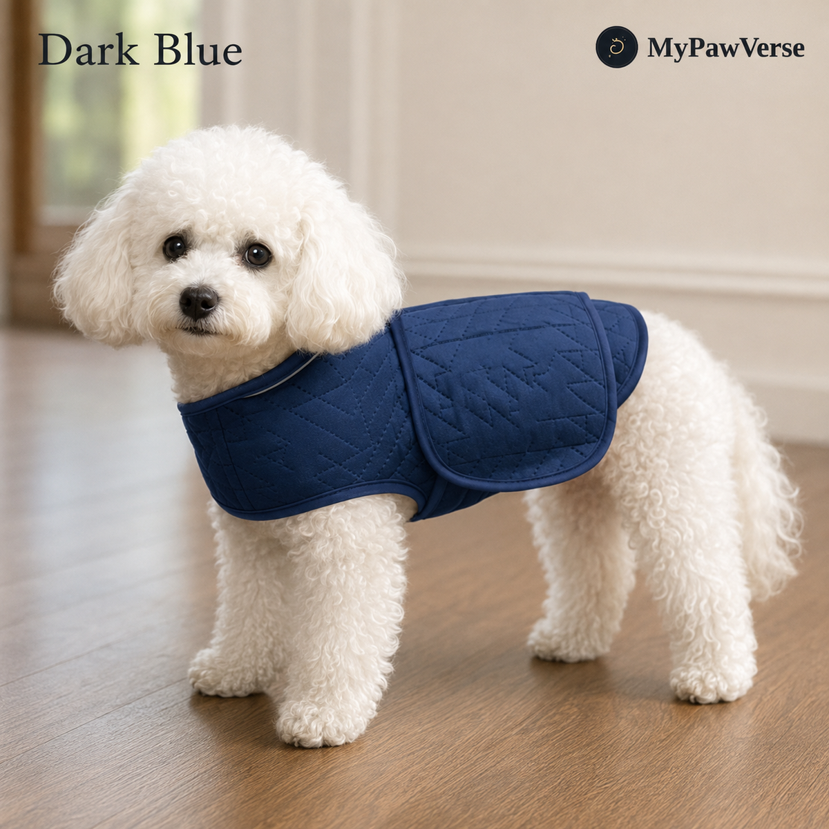 PawSerene Dark Blue adjustable calming dog wrap with matching navy trim