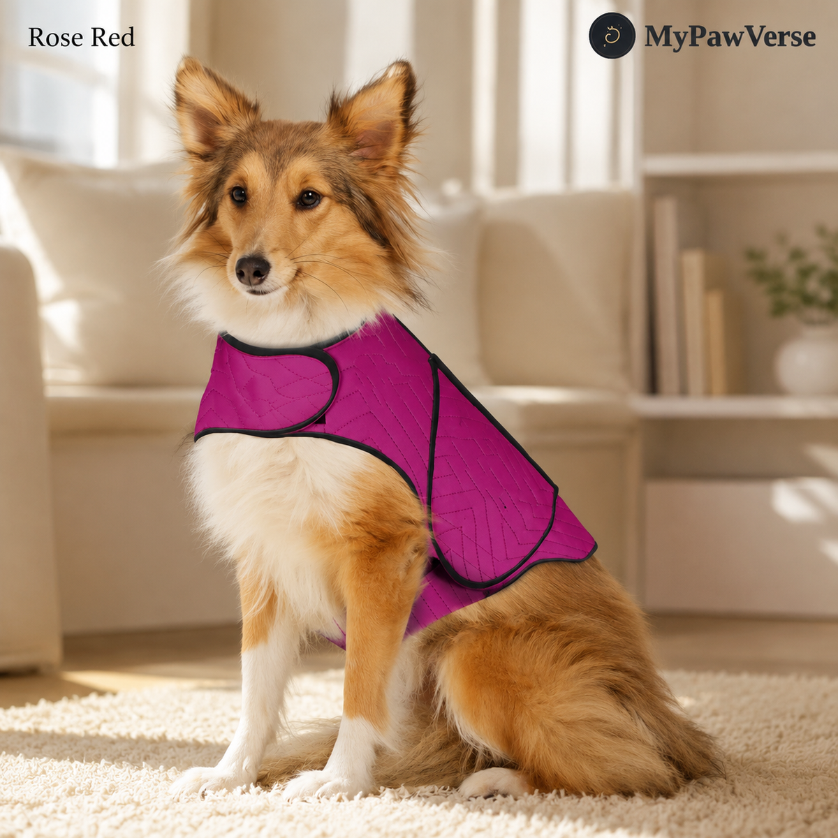 Sheltie wearing the PawSerene Rose Red wrap with black trim