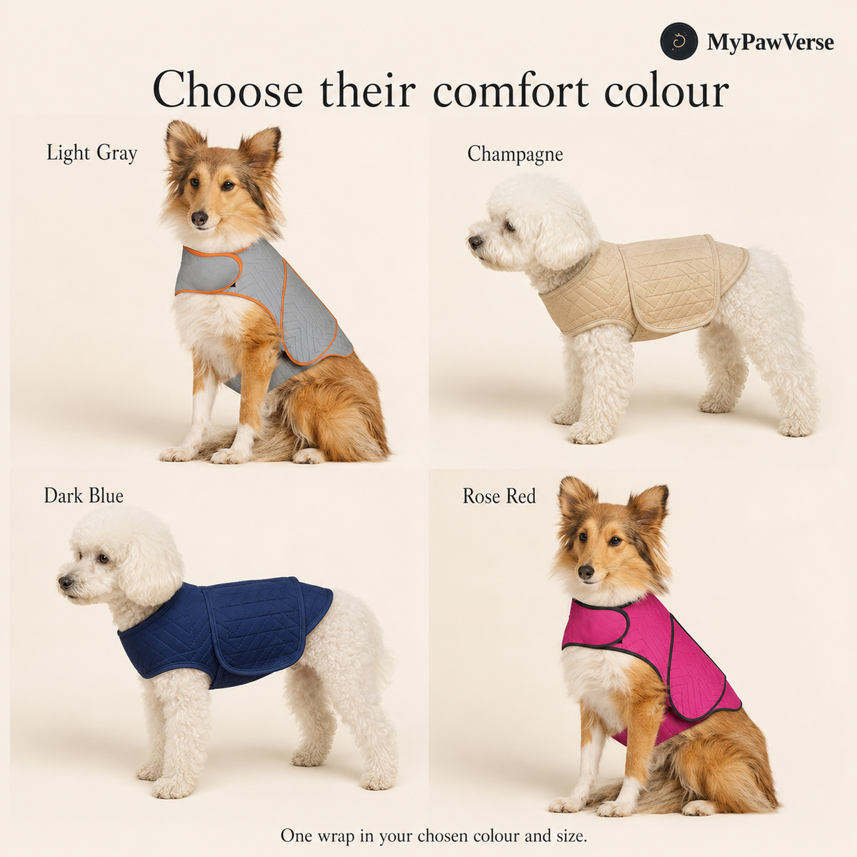 PawSerene wrap colour choices: Light Gray, Champagne, Dark Blue and Rose Red