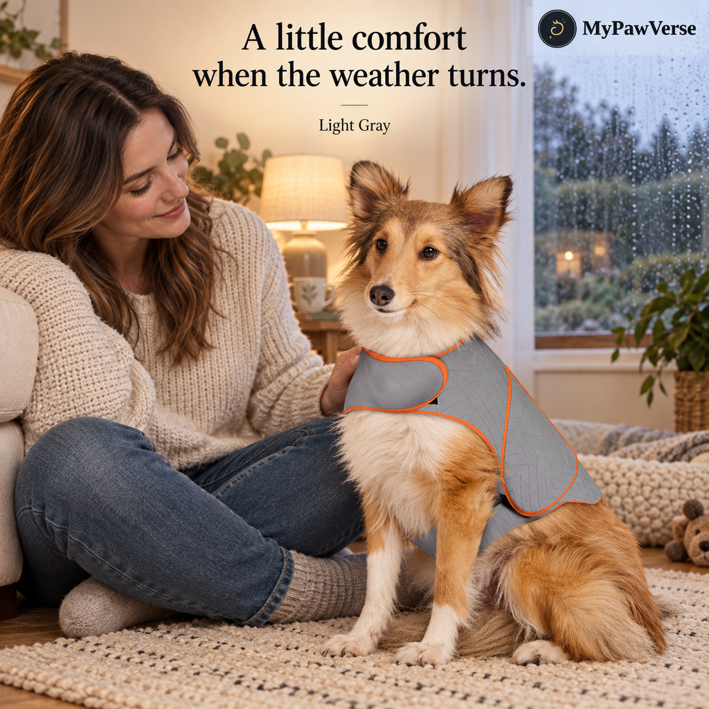 Dog wearing the Light Gray PawSerene wrap with orange trim beside its owner on a rainy evening