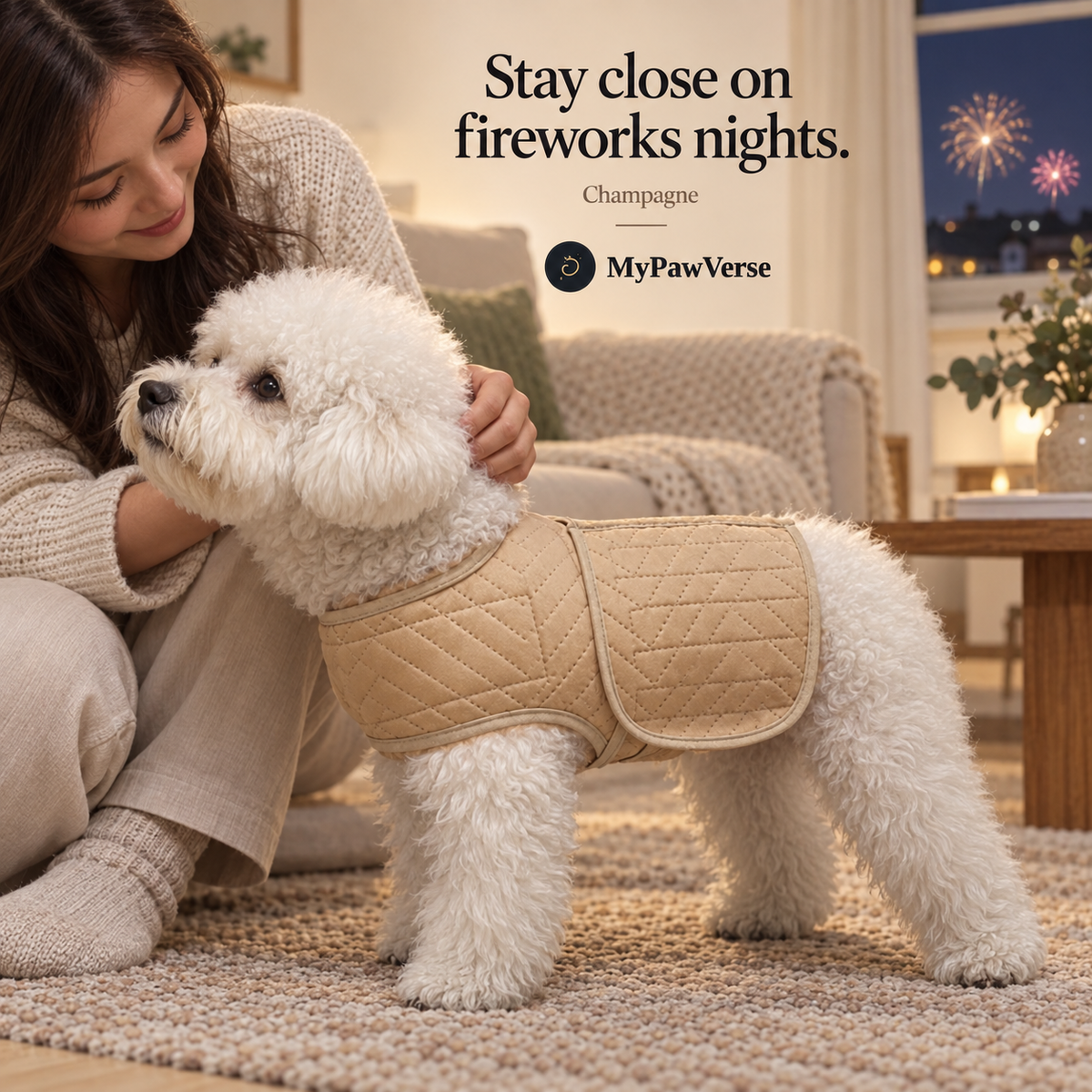 White dog wearing the Champagne PawSerene wrap beside its owner indoors on a fireworks night