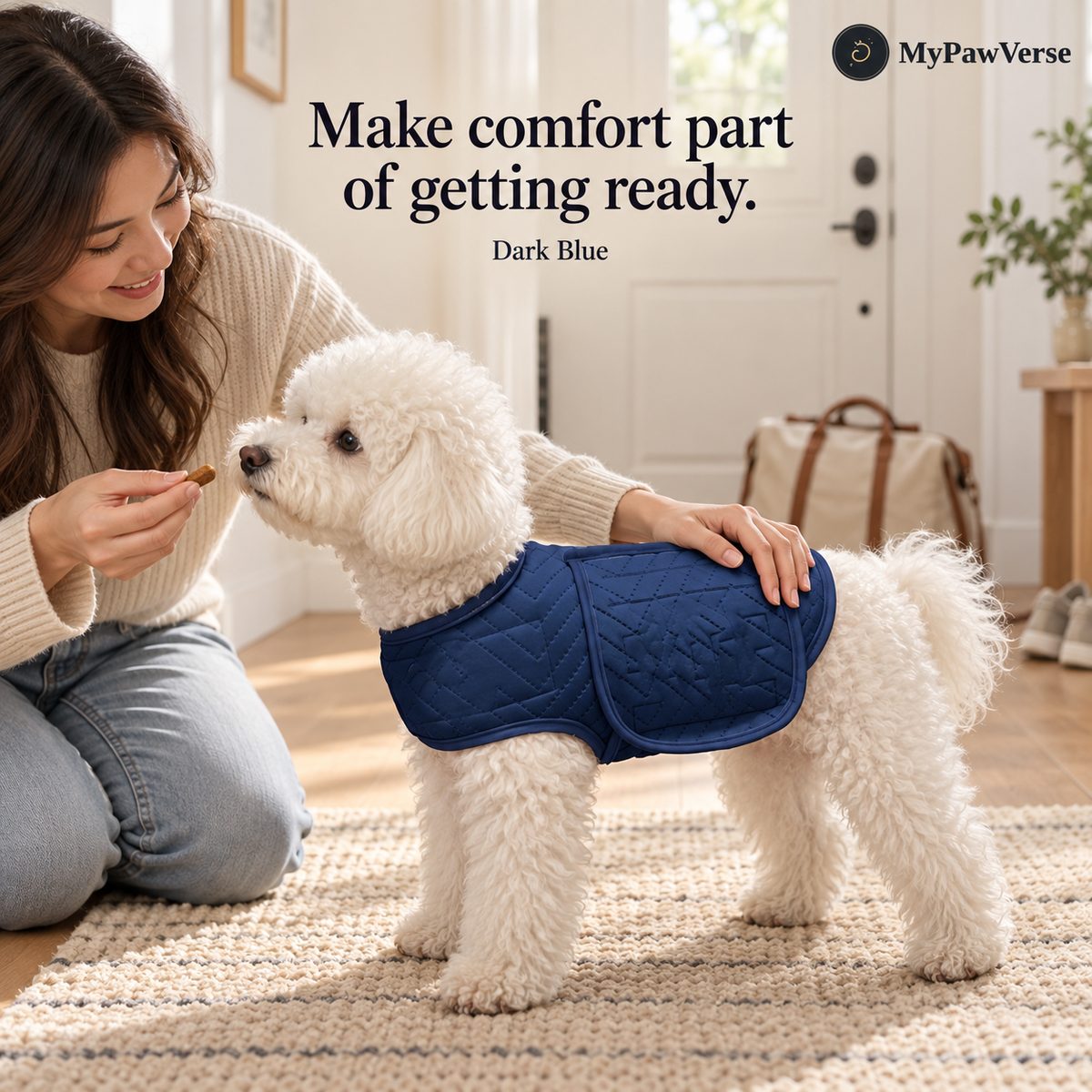 Owner fitting the Dark Blue PawSerene wrap and offering a treat before an outing
