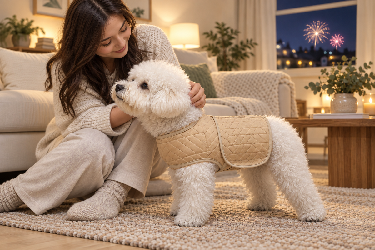 White dog wearing the Champagne PawSerene wrap beside its owner indoors on a fireworks night