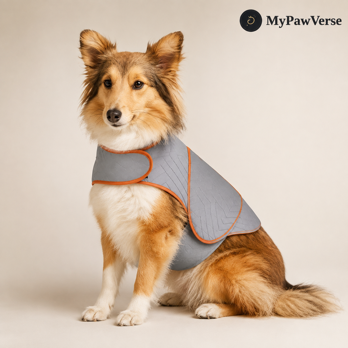 Sheltie wearing the PawSerene dog anxiety relief wrap in Light Gray with orange trim