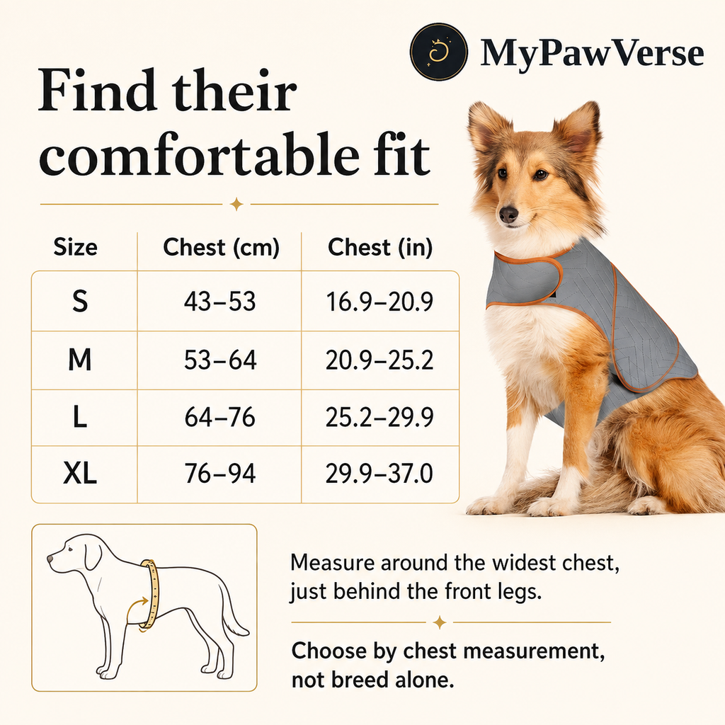 PawSerene chest size guide: S 43–53 cm, M 53–64 cm, L 64–76 cm, XL 76–94 cm