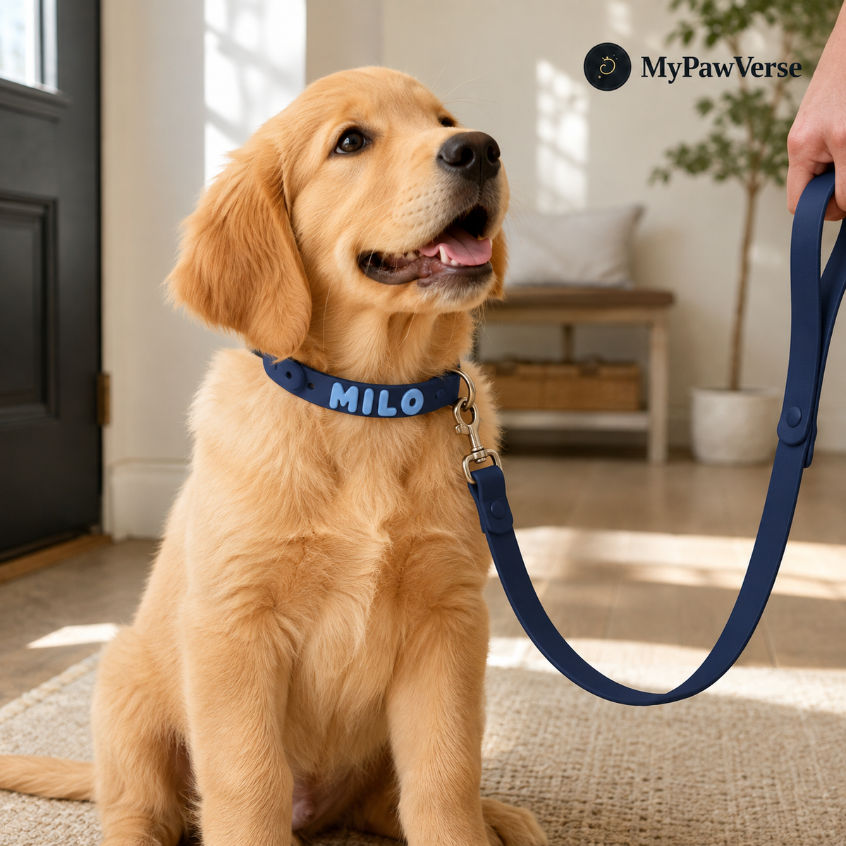 Golden retriever puppy wearing a navy PawSignature collar personalized with MILO and a matching leash