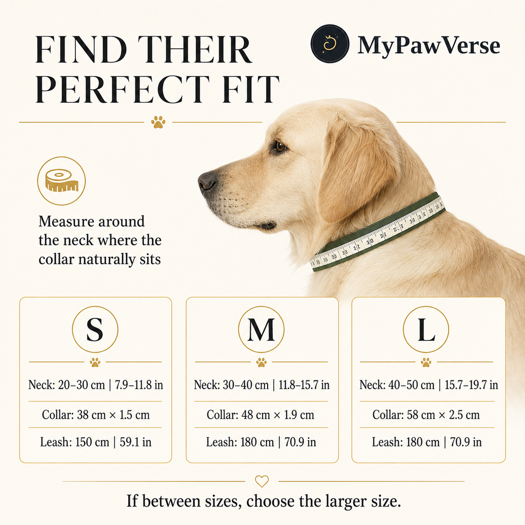 PawSignature dog collar size guide for small medium and large sizes