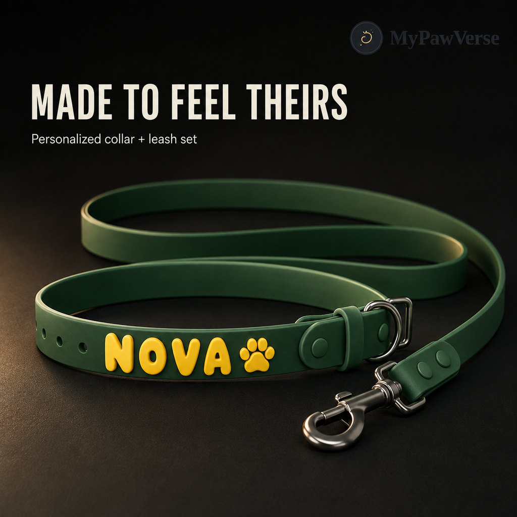Forest green PawSignature personalized collar and leash set in a controlled premium spotlight