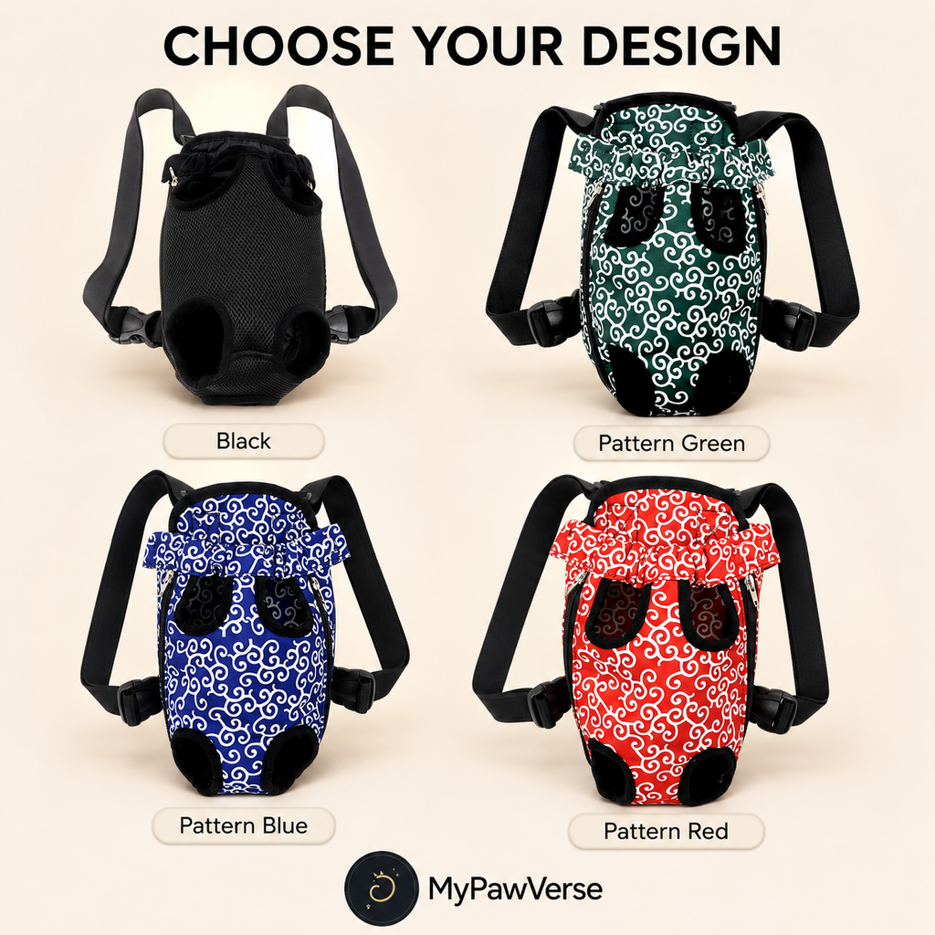 PawSnug carrier designs: Black, Pattern Green, Pattern Blue, and Pattern Red
