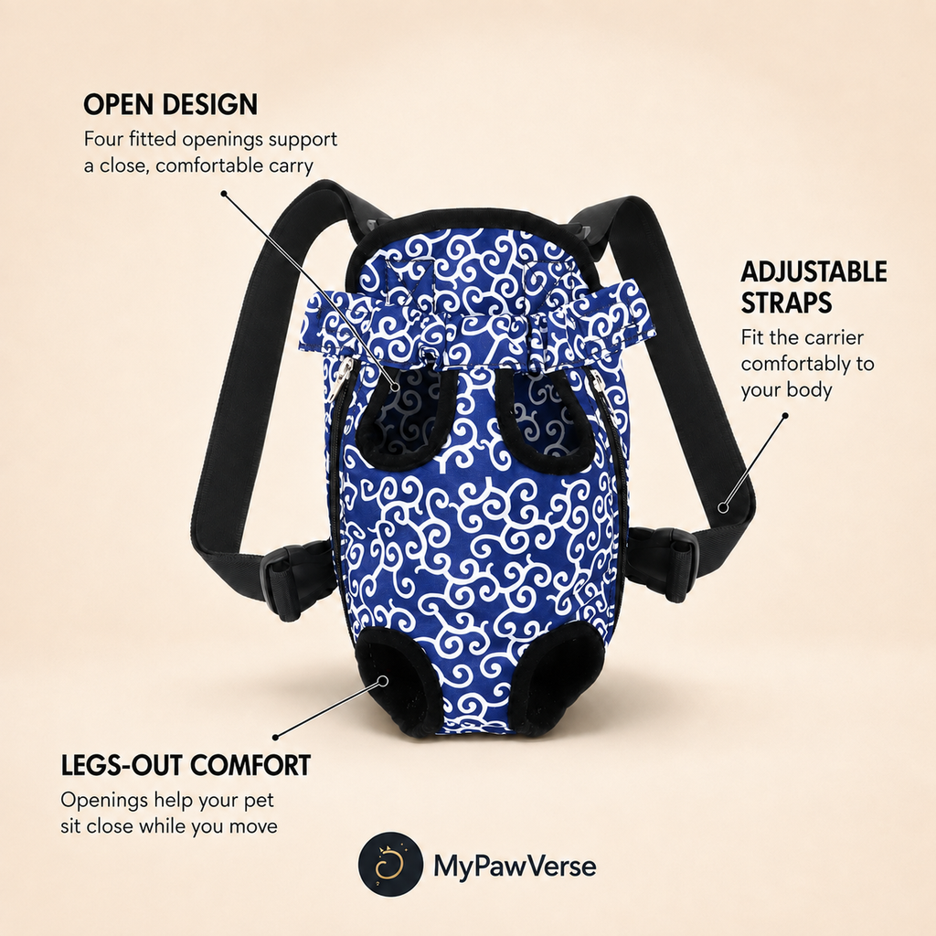 PawSnug open design, adjustable straps, and legs-out comfort features