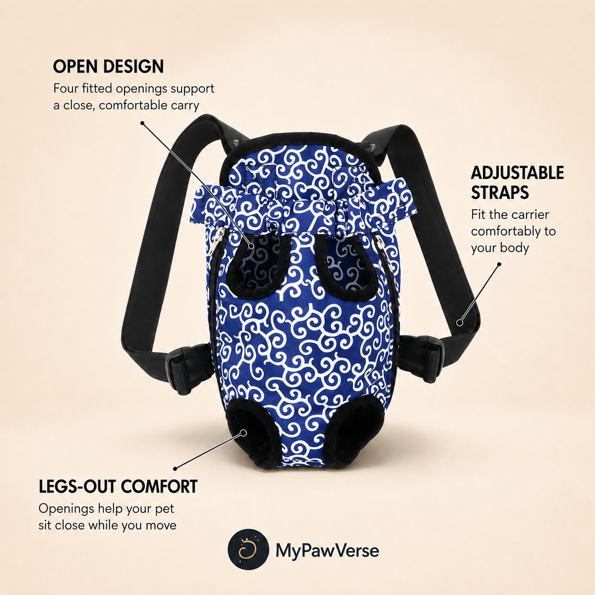 PawSnug open design, adjustable straps, and legs-out comfort features