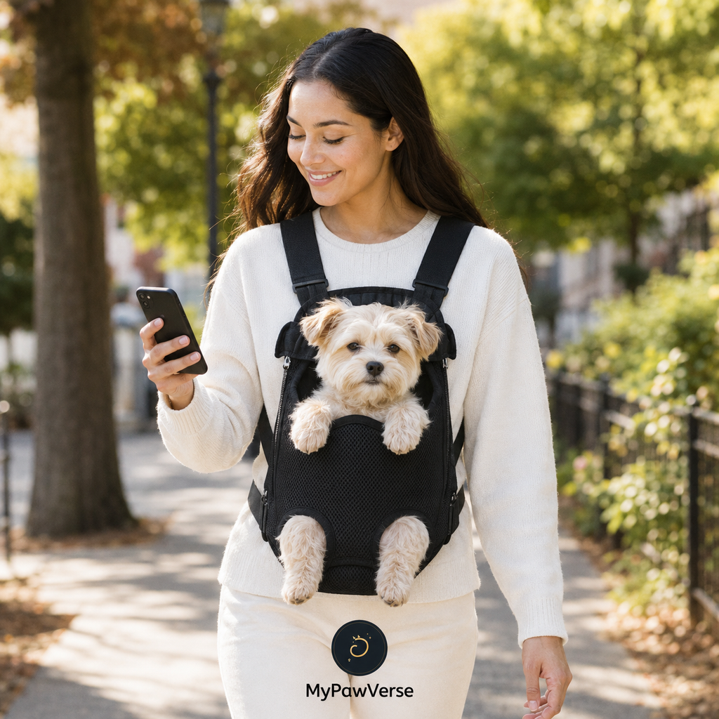 Pet parent walking hands-free with a small dog in the Black PawSnug carrier