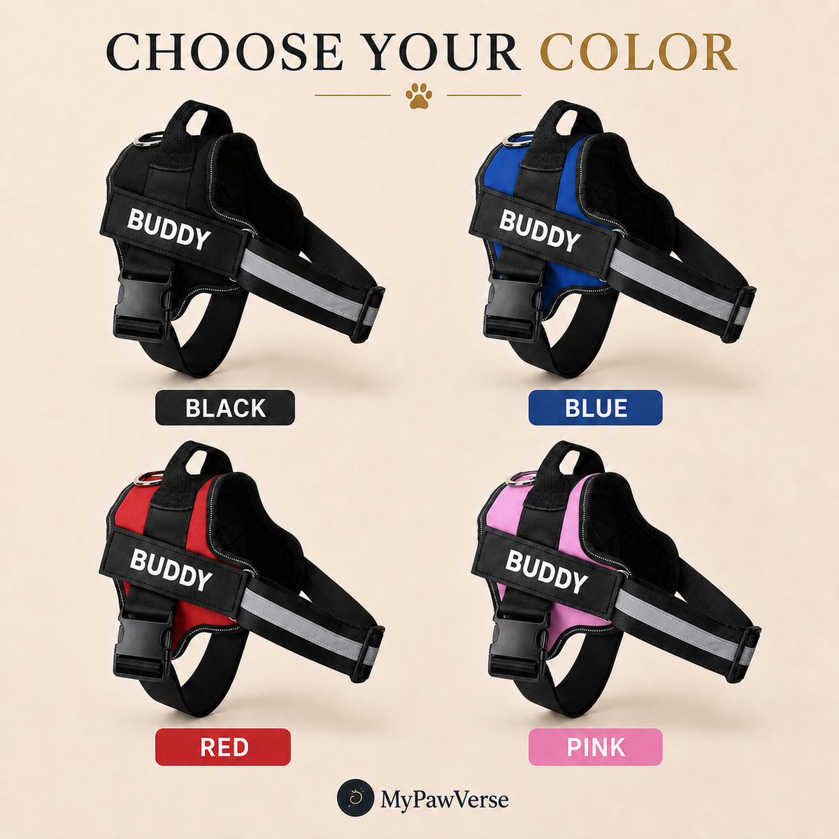 Personalized dog harness colors available in Black Blue Red and Pink