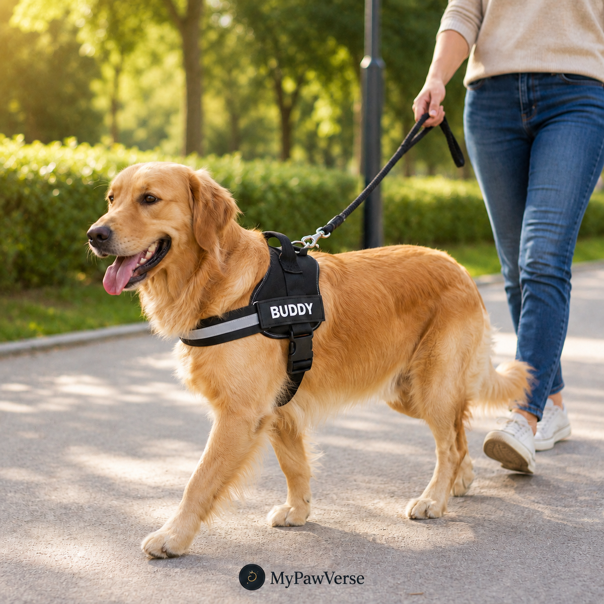 Dog wearing a black personalized reflective harness during a daytime walk