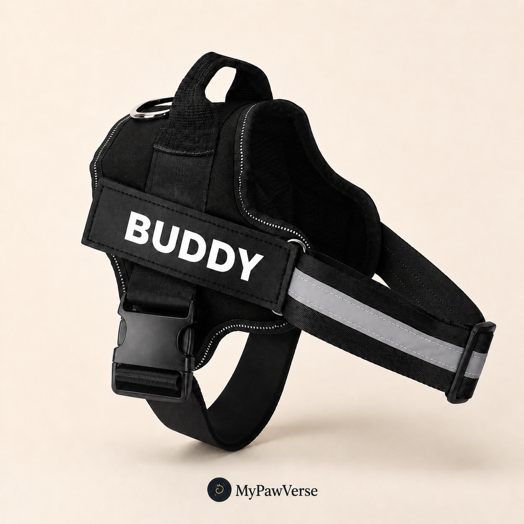 Black personalized no-pull reflective dog harness with custom name patch