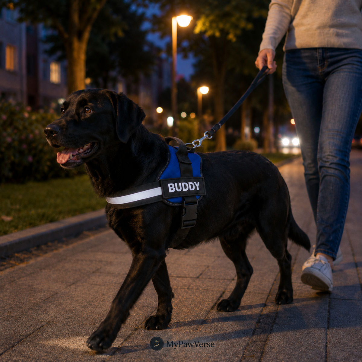 Dog wearing a blue personalized reflective harness in low light