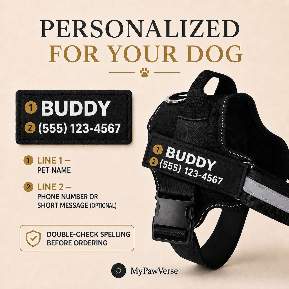 Personalized dog harness name and phone number guide using numbered markers