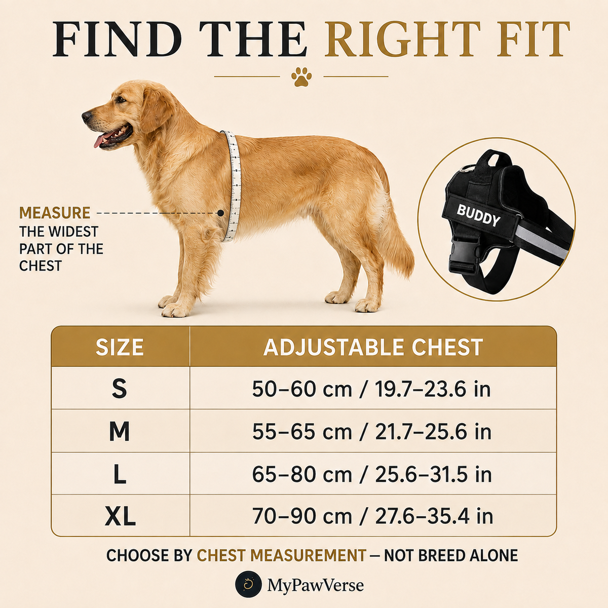 Personalized dog harness chest measurement size guide for S M L and XL