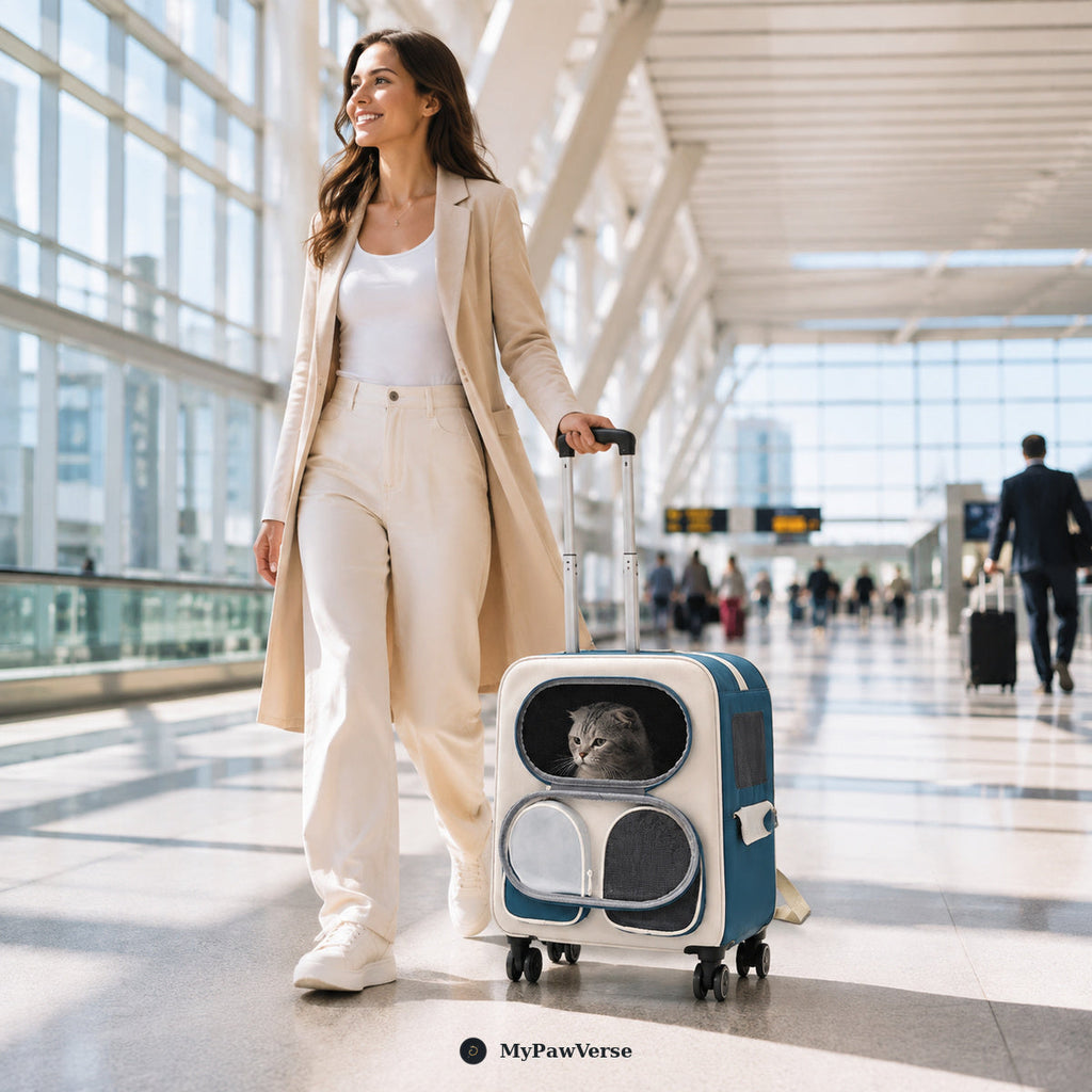 Woman rolling a Sapphire Blue RollPaw pet carrier with a cat inside