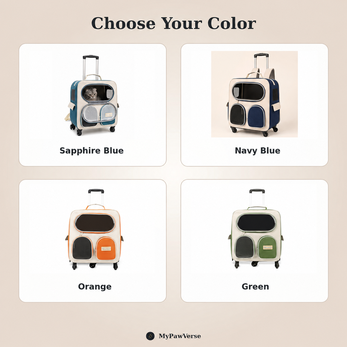 RollPaw color guide showing Sapphire Blue, Navy Blue, Orange and Green carriers with visible pull handles and wheels