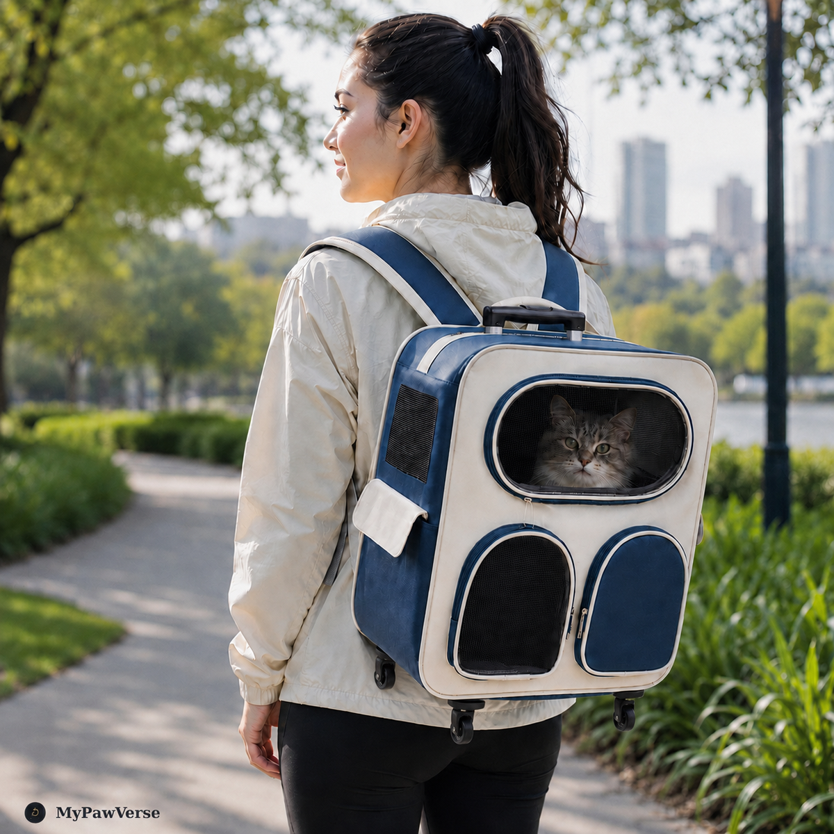 Navy Blue RollPaw pet carrier worn as a backpack with retracted handle and visible rolling wheels