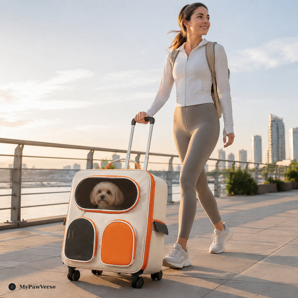 Woman rolling an Orange RollPaw pet carrier with a small dog inside