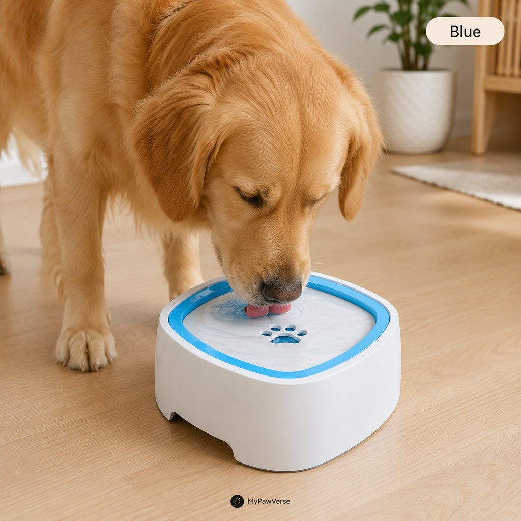 Golden retriever drinking from Blue SplashStop water bowl