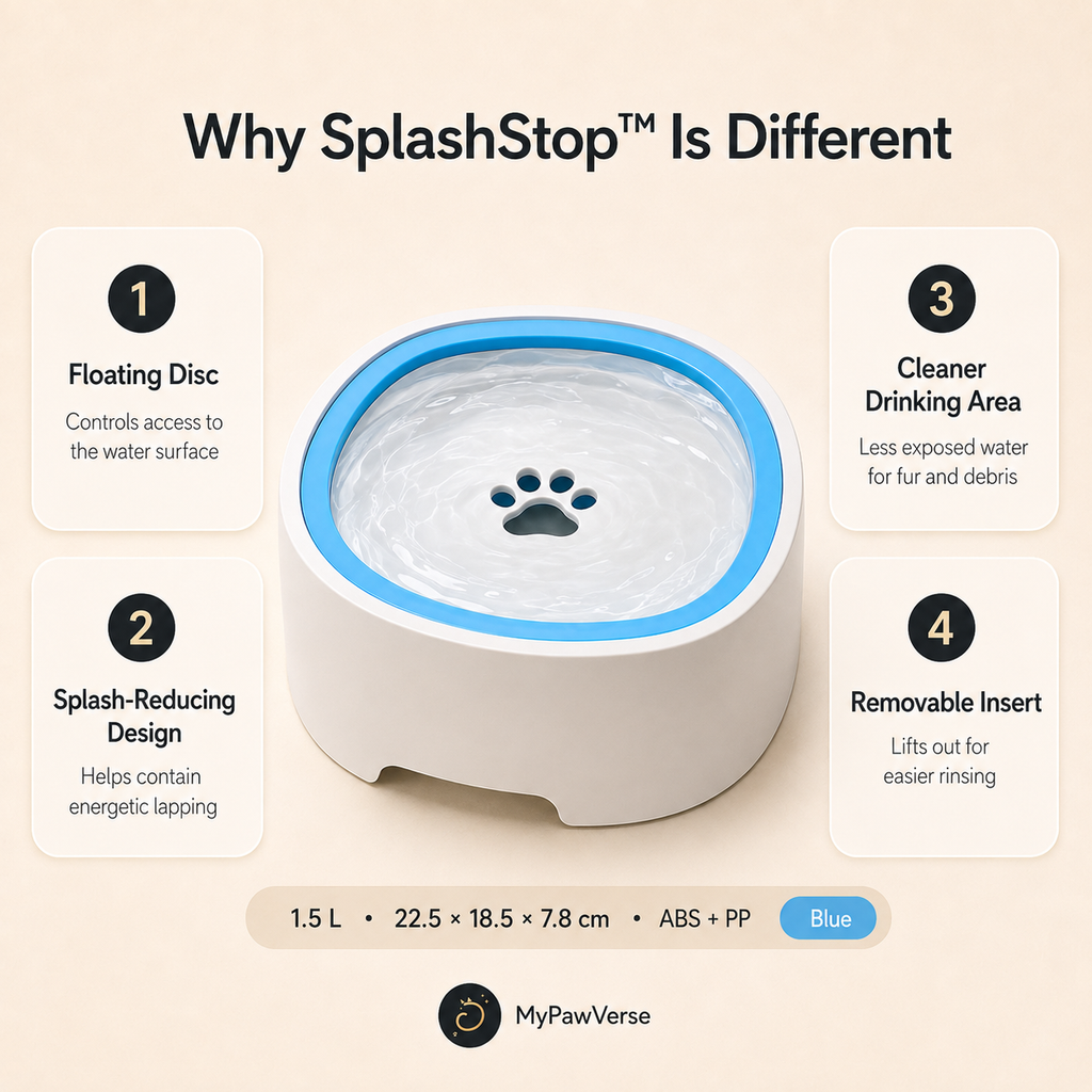 SplashStop floating-disc water bowl features