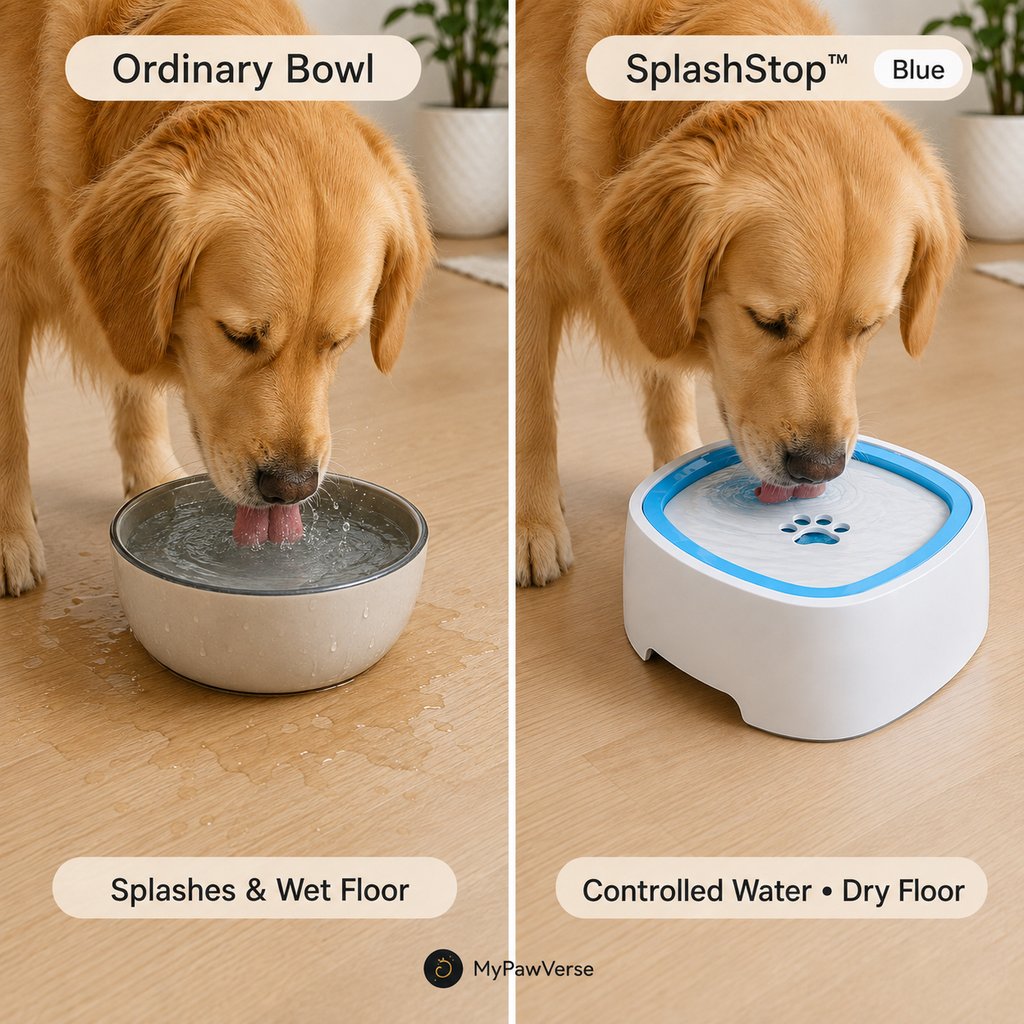 Ordinary pet bowl compared with SplashStop controlled-water design