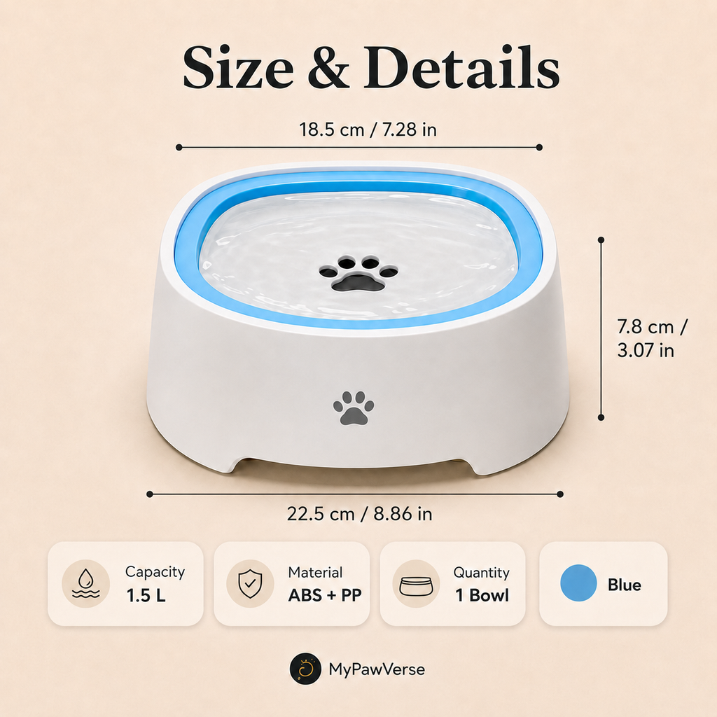 SplashStop 1.5 litre pet water bowl dimensions, materials, Grey and Blue colors, with paw emblem